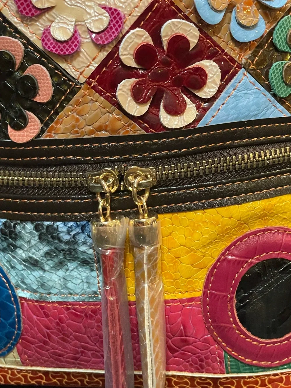 Colorful Patchwork Floral Crossbody Bag - Tassel Zips - Upcycled - Leather